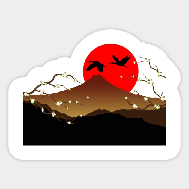 sakura crane and Fuji Sticker by DrTigrou